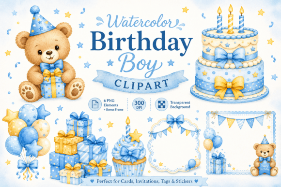 Download Watercolor Birthday Boy Card Elements - Element Collection